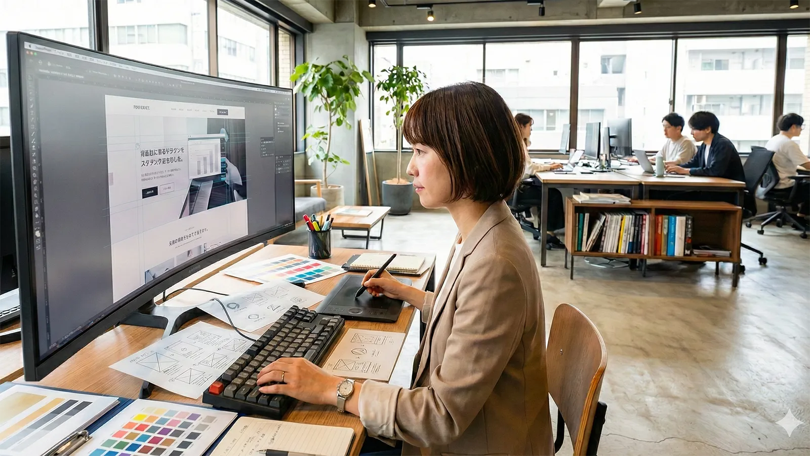 デザイン事務所内でホームページデザインを行っているプロのデザイナーとオフィス風景